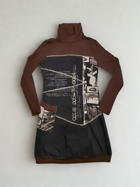 Cache Cache French Graphic Print Turtleneck Dress Brown Black Patchwork Sz 40